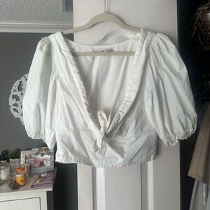 White Puff Sleeve Tie-Front Top